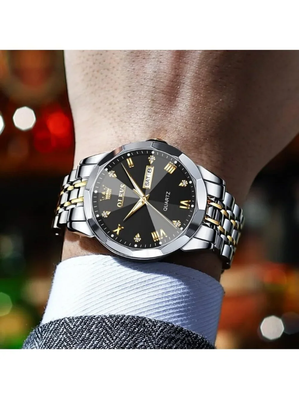Men's Silver Black Stainless Steel Analog Quartz Diamond Waterproof Luxury Watch